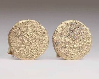 9ct Yellow Gold Flat Studs, Round Disc Studs, Sandcast Textured Studs, Personalised Earrings, 9K Gold Studs