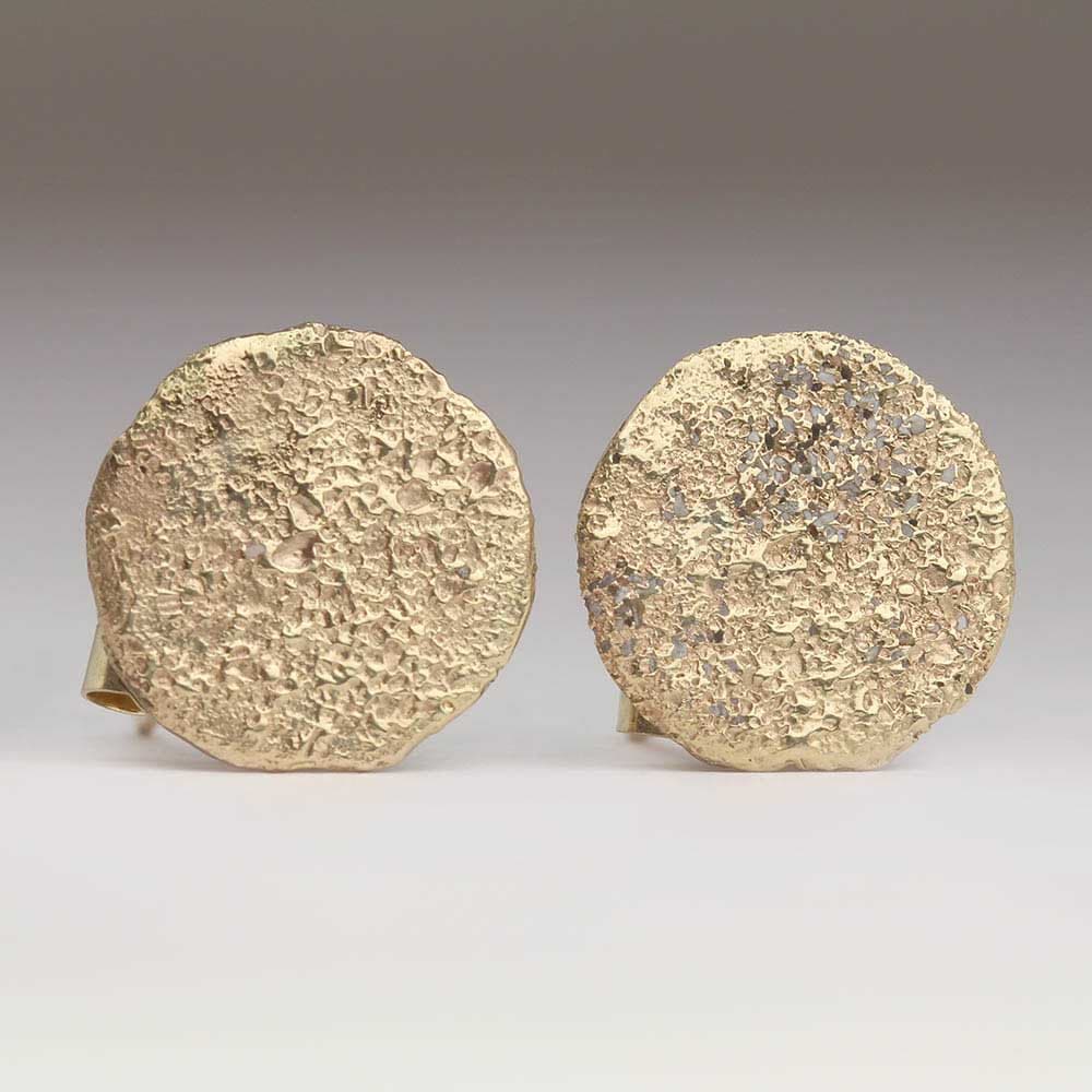 9Ct Yellow Gold Flat Studs, Round Disc Sandcast Textured Personalised Earrings, 9K Studs