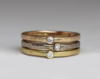 18ct Gold & Ethical Diamond Stacking Rings - Rustic Texture - Cast in Beach Sand - Multi-Coloured - Minimalist - Handmade in Cornwall