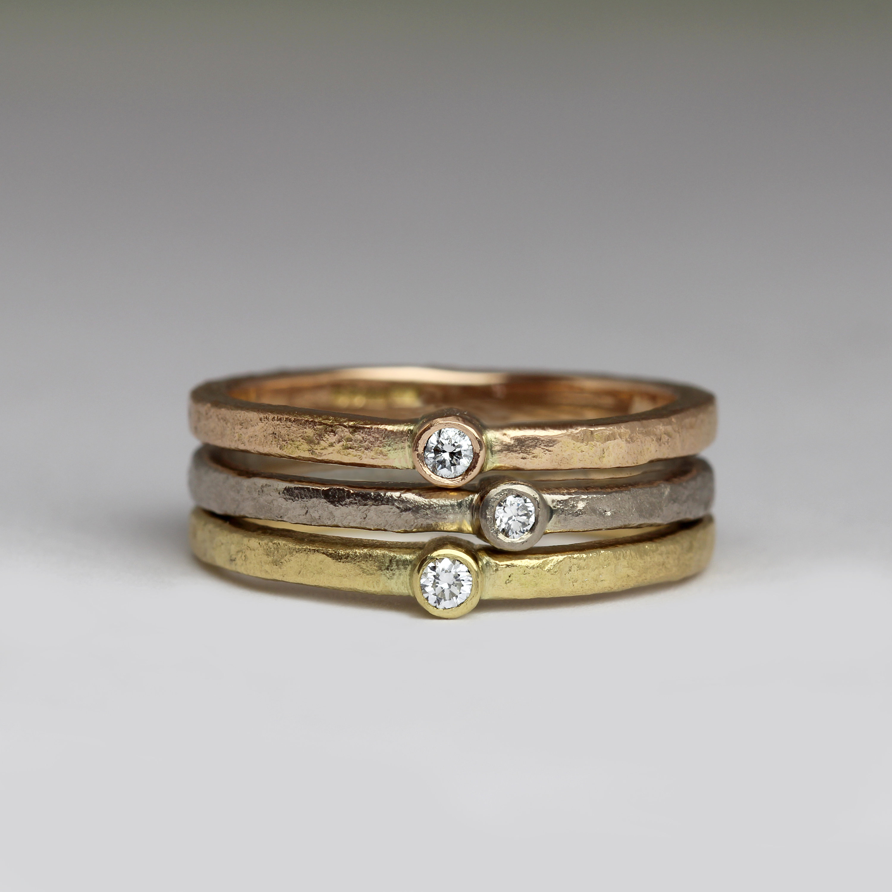 18Ct Gold & Ethical Diamond Stacking Rings - Rustic Texture Cast in Beach Sand Multi-Coloured Minimalist Handmade Cornwall