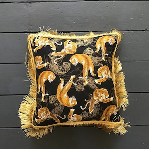 Japanese tiger print  fabric cushion, pillow in black with gold  or black fringing fringing, home decor, decorative pillow