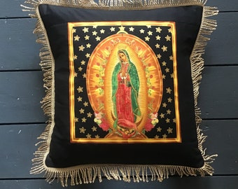 Virgin of guadalupe handmade fabric with gold tassel fringing, cushion, pillow. Black. Robert kaufaman fabric, home decor, christmas gift