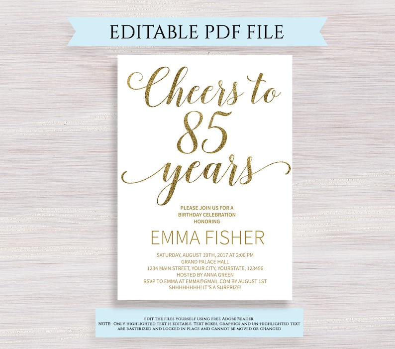 Editable 85th Birthday Party Invitation template Cheers to 85 Etsy