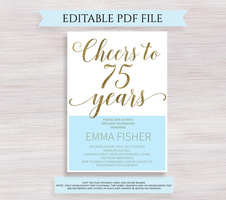 Editable 75th Birthday Party Invitation template Cheers to 75 | Etsy
