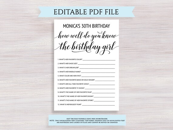 Editable How Well Do You Know The Birthday Girl Birthday Etsy