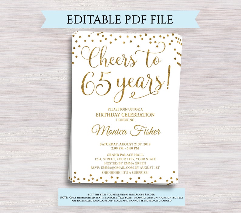 Editable 65th Birthday Party Invitation template Cheers to 65 Etsy