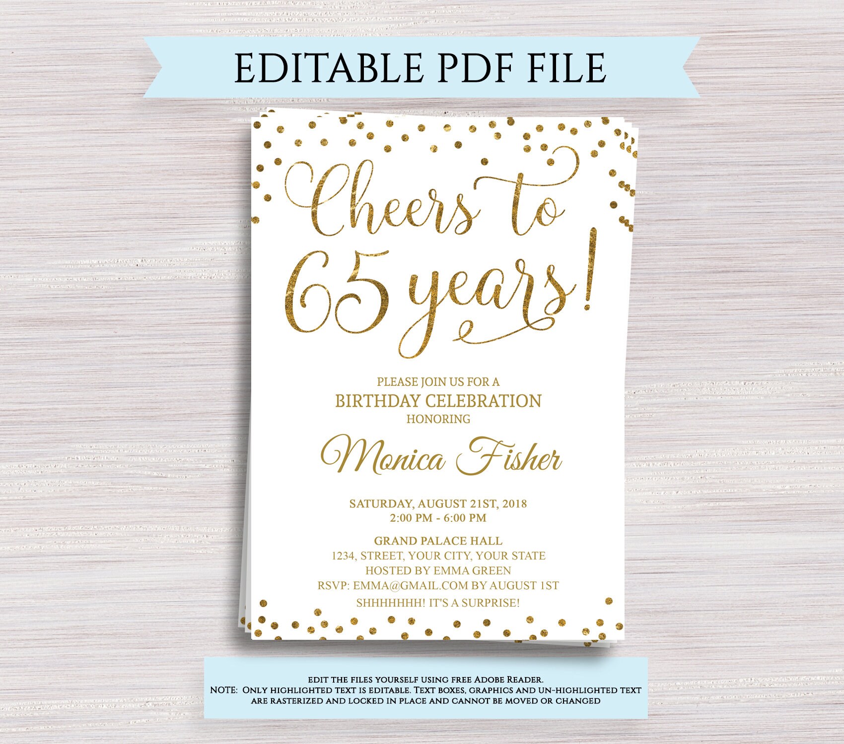 Editable 65th Birthday Party Invitation Template Cheers To 65 Etsy