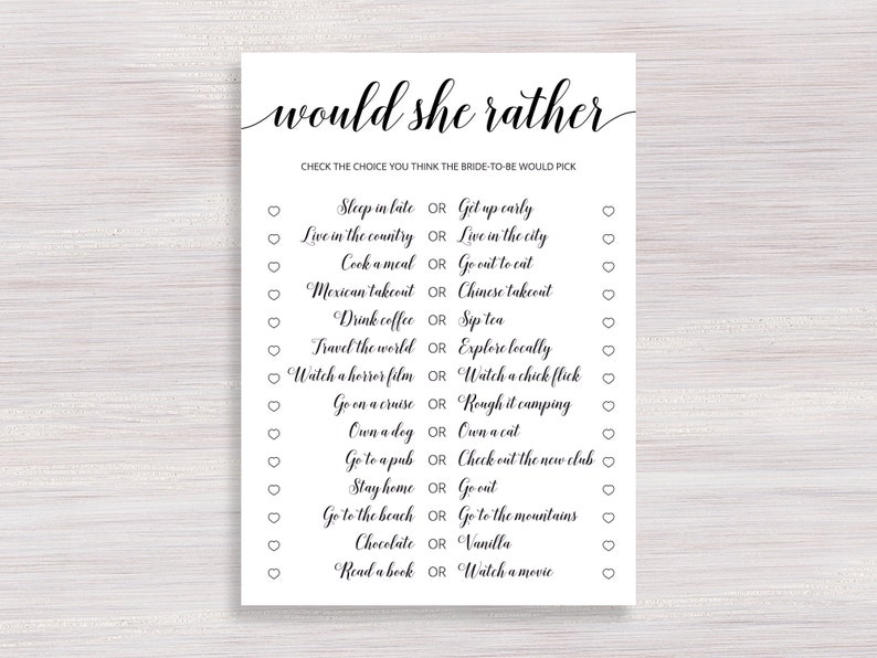 would she rather game funny bridal shower games bridal etsy
