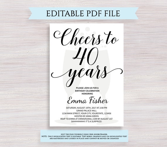 editable 40th birthday invitation template cheers to 40 years 40th anniversary invite black and white birthday party invite digital pdf black and white birthday invitation templates free