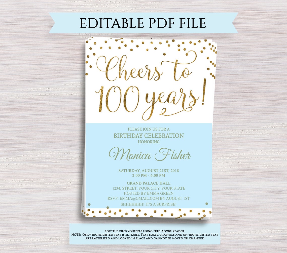 Editable 100th Birthday Party Invitation template Cheers to | Etsy