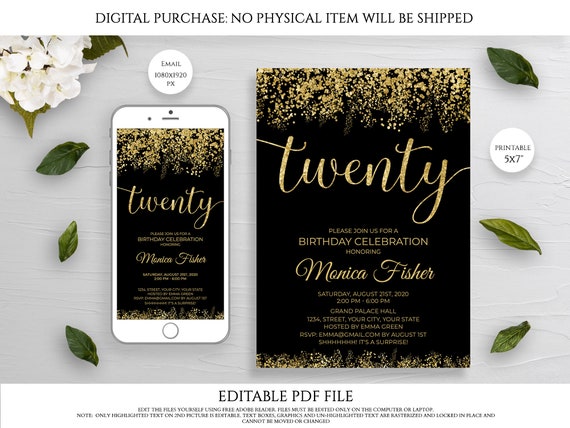 EDITABLE 20th Birthday Invitation Template Twentieth Birthday Etsy