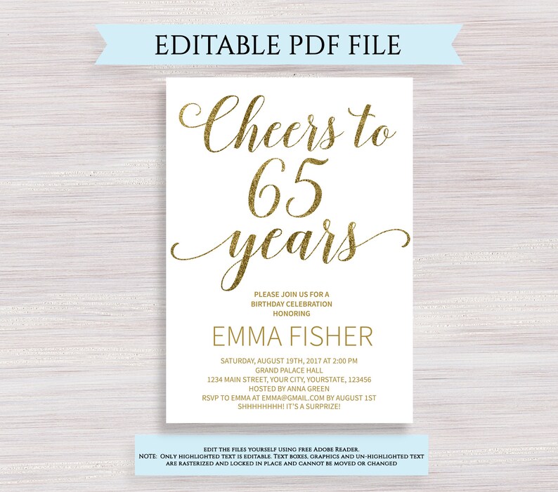 Editable 65th Birthday Party Invitation Template Cheers To 65 Etsy Editable 65th Birthday Party Invitation Template Cheers To 65 Etsy