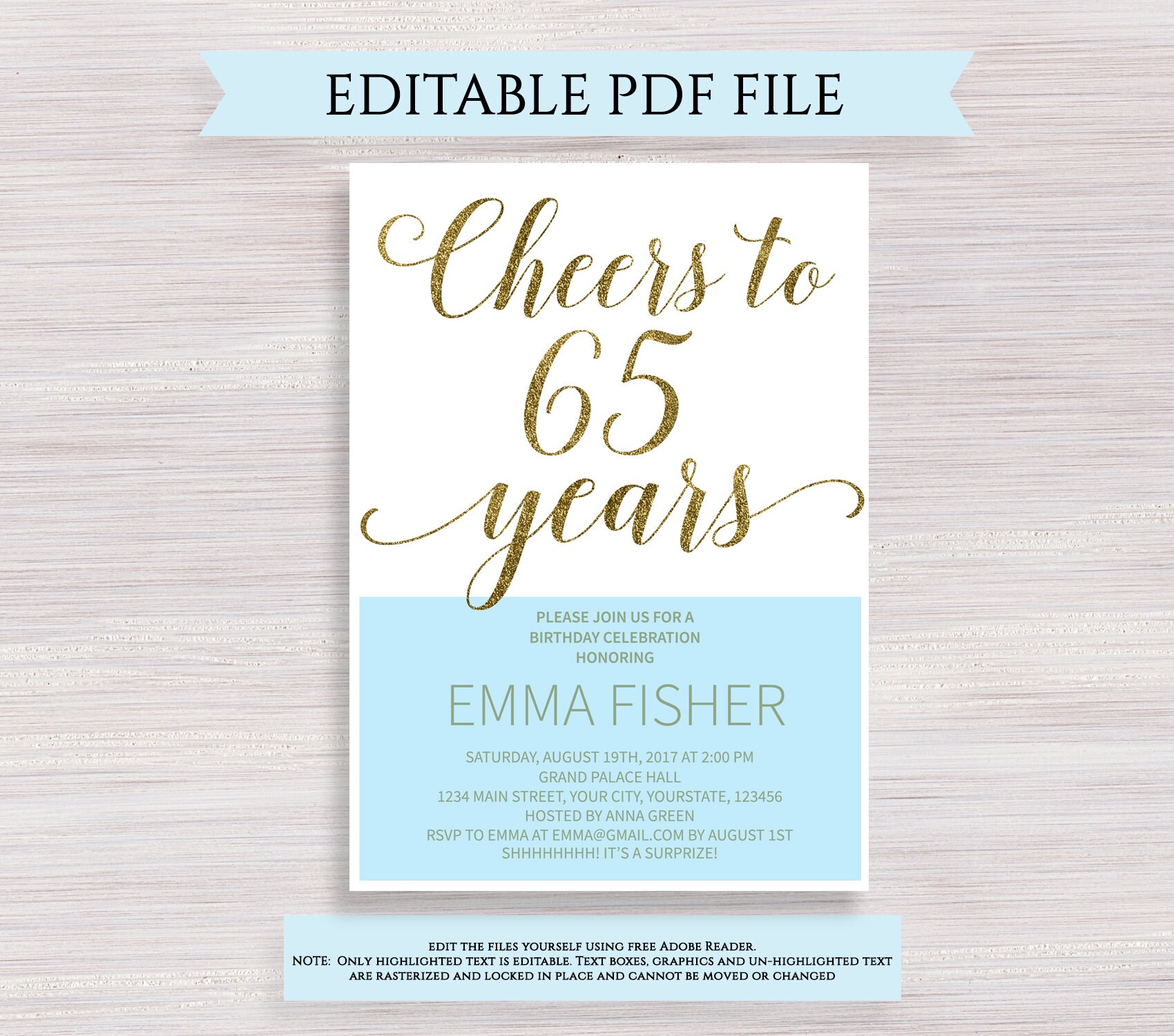 Editable 65th Birthday Party Invitation Template Cheers to 65 | Etsy