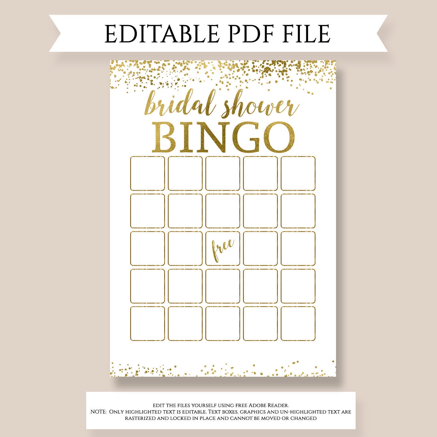 Bridal Bingo, Editable PDF template, Bridal Shower Bingo, Funny Bridal  Shower games, Blank Bingo cards, Gold Bridal Shower ideas, Activity Inside Blank Bridal Shower Bingo Template