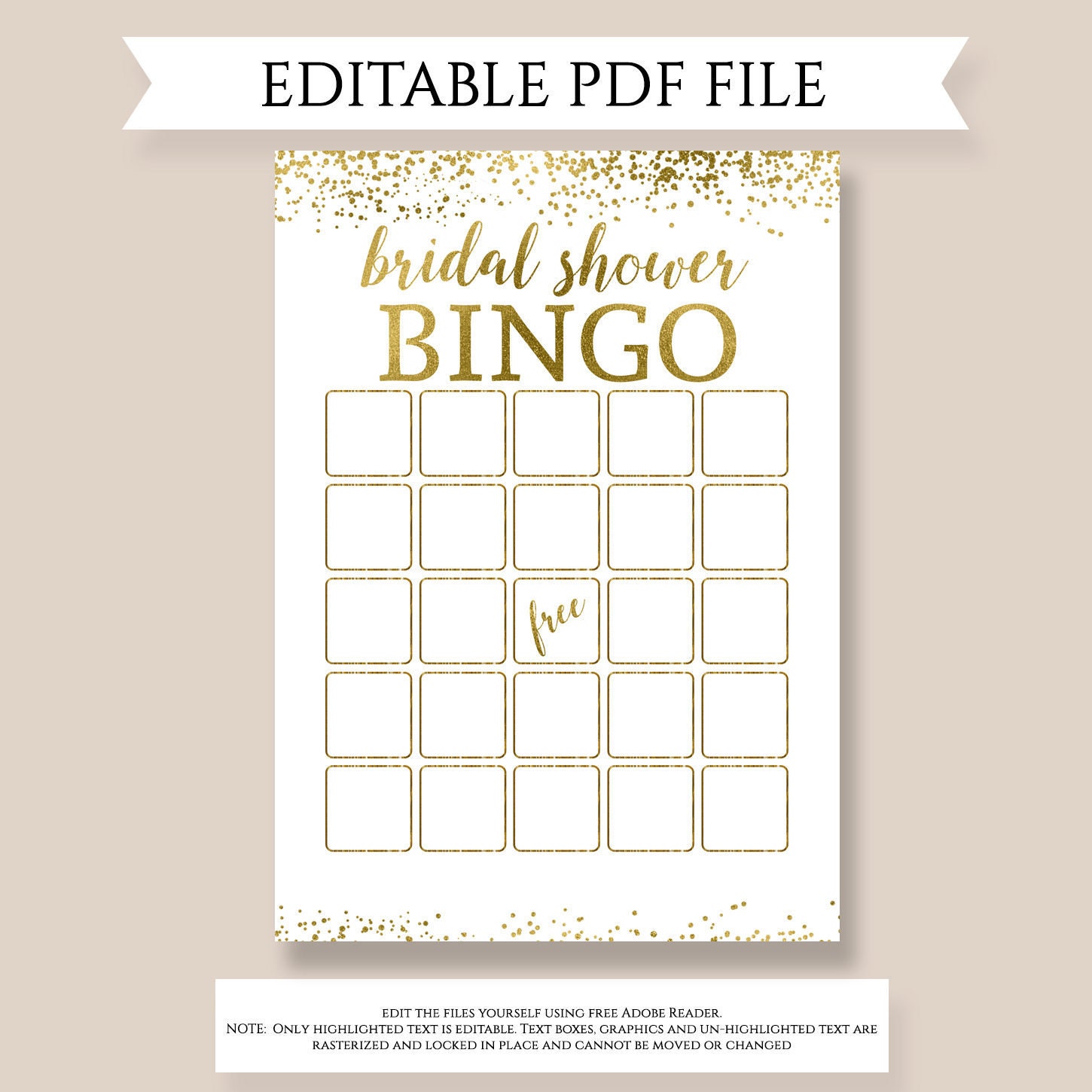 Bridal Bingo, Editable PDF template, Bridal Shower Bingo, Funny Bridal  Shower games, Blank Bingo cards, Gold Bridal Shower ideas, Activity Intended For Blank Bridal Shower Bingo Template