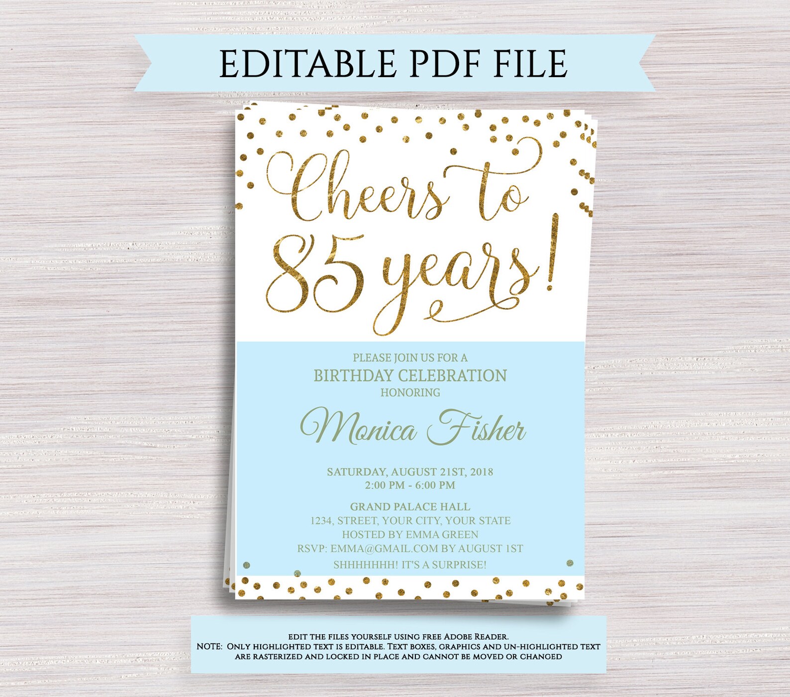 Editable 85th Birthday Party Invitation template Cheers to 85 Etsy