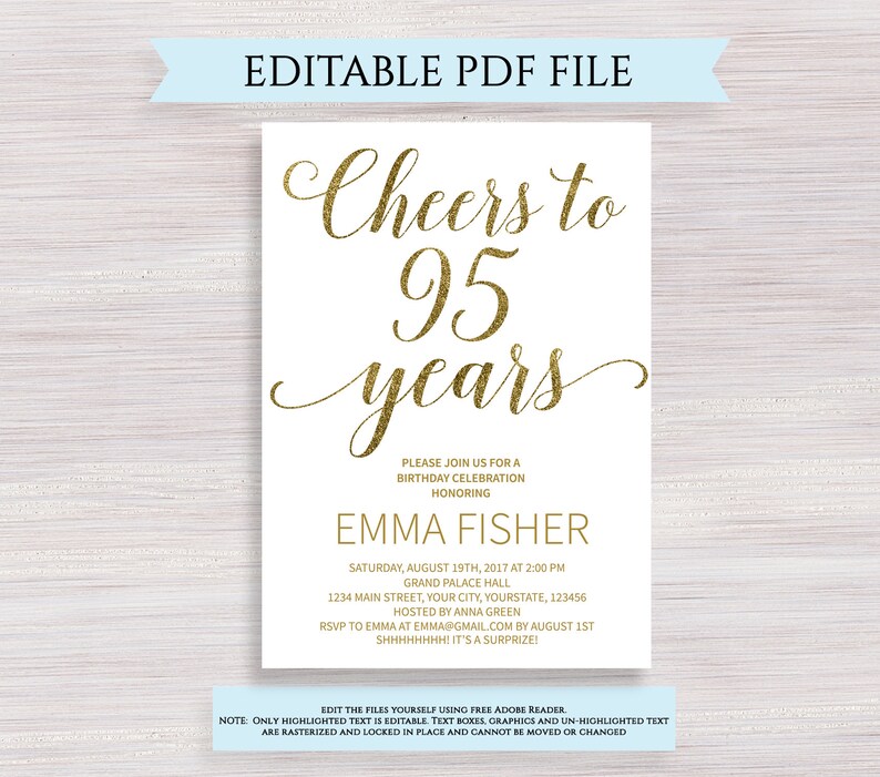 Editable 95th Birthday Party Invitation Template Cheers to 95 | Etsy