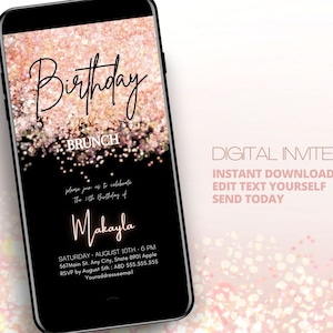 Rose Gold & Black Birthday Invitation Digital Template, Rosegold Glitter Party Phone Text Message Invite, Brunch Invitation Instant Download