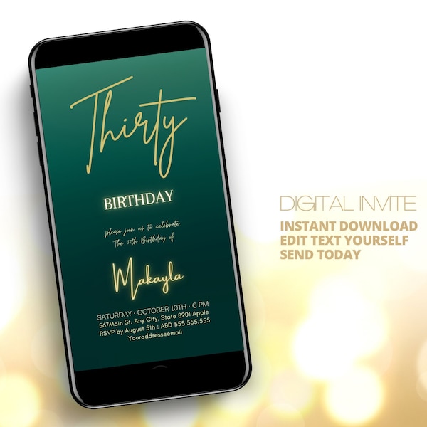 Emerald Green Invitation, 30th Birthday Invite, Dinner or Brunch Party Digital Editable Template Canva, Evite Thirty Birthday Download