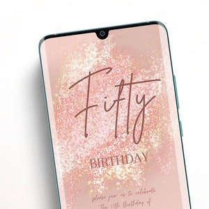 50th birthday invitation for her, Rose gold glitter invite, Fifty birthday party evite, sms whatsapp invite, Editable text, Digital download