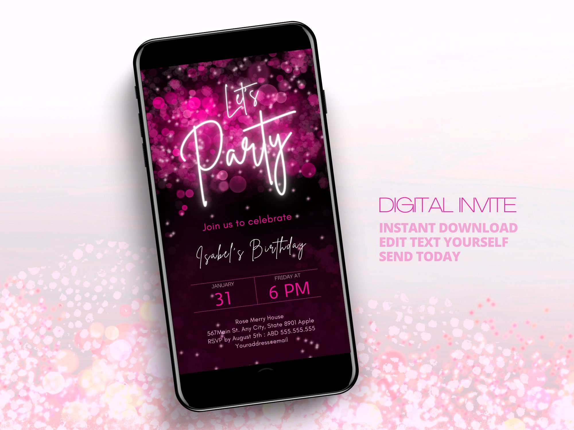 Hot Pink Birthday Party Invitation Neon Sign Invitation | Etsy