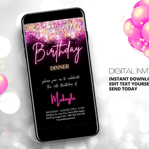 30th Birthday Evite, Pink Gold Glitter Digital Invitation, Any Age Adult Birthday Dinner Party Invite, Text editable, Hot Pink Neon sign