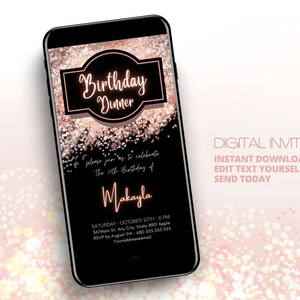 Rose Gold Birthday Invitation Digital Template, Dinner Party Evite, Any Age Adult Birthday Invite Text editable, Rose Gold & Black Neon Sign