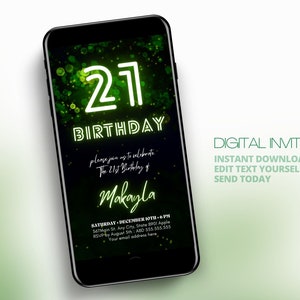 21st birthday invitation for him download, 21st birthday invite digital template for men, Neon green party electronic evite text editable