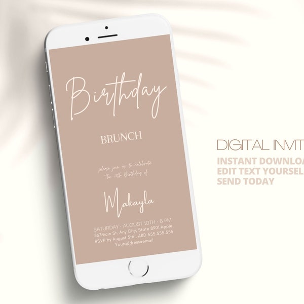 Boho Birthday Party Invite Digital, Neutral Tones Birthday Invite, Editable Modern Birthday Invite, Women Adult Birthday Editable Template