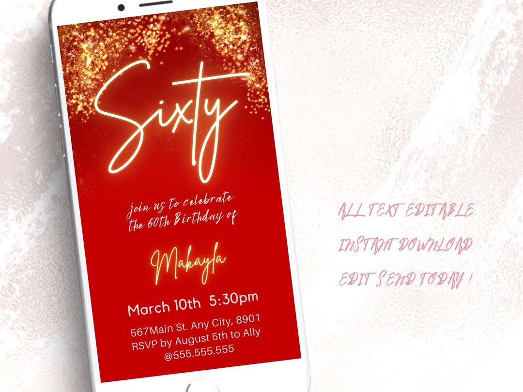 60th Birthday Invitation Red and Gold Glitter Forty Birthday - Etsy