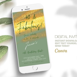 Elegant Digital Sage Green & Gold 40th Birthday Invitation | Editable Template