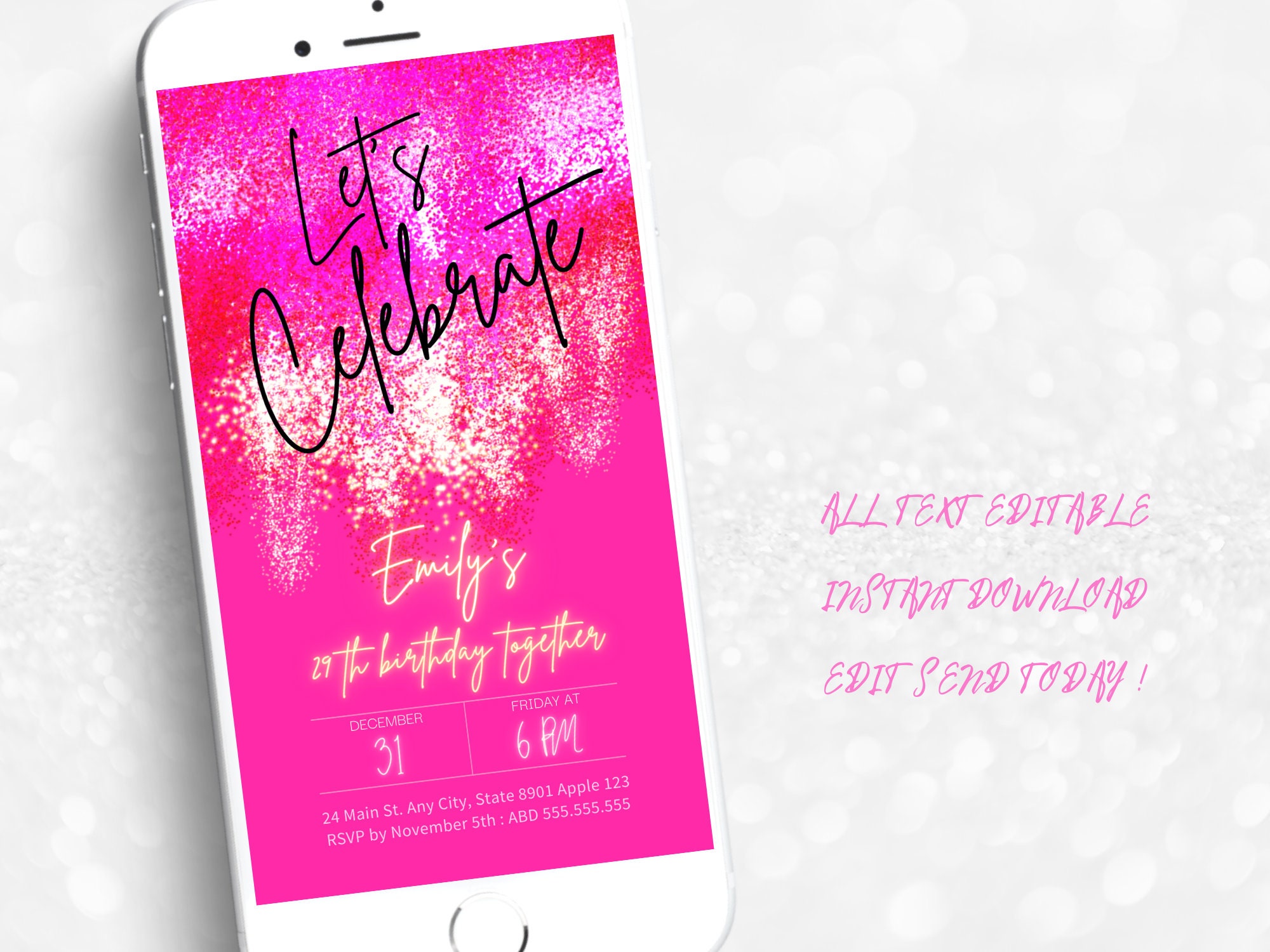 Shades of Pink Invitation Hot Pink & Gold Glitter Birthday Etsy