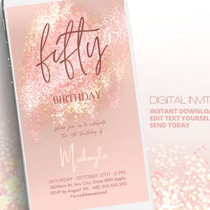 50th Birthday Invitation for Women, Rose Gold Glitter 50 and fabulous Birthday Party Digital Invite Template Text Editable Instant Download