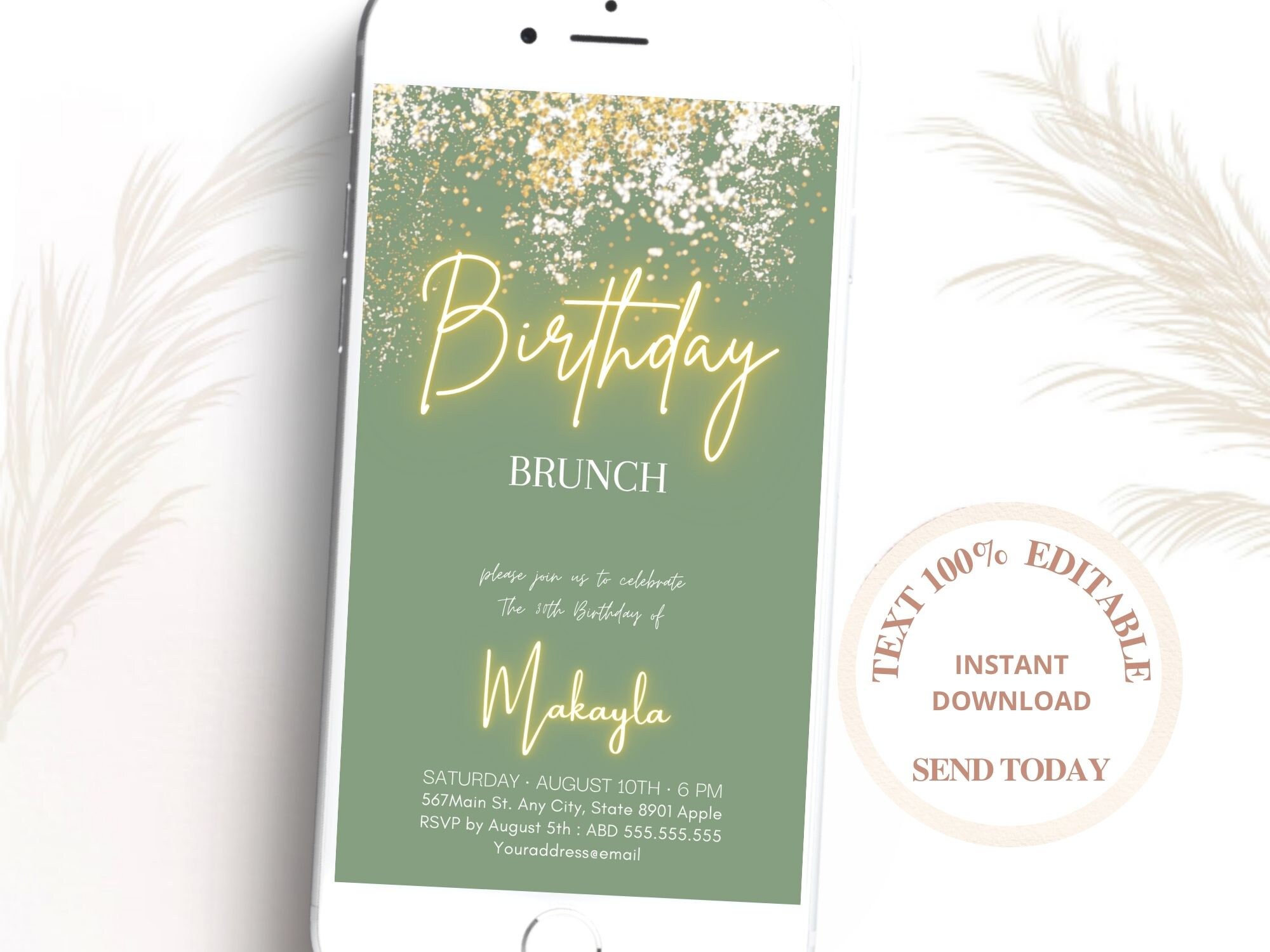 Sage Green Party Invitation, 30th Birthday Digital Invite, Green and