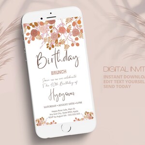 Boho 50th Birthday brunch invitation for Bohemian, Boho chic 30th birthday evite, Editable Text Digital 40th birthday Invitation Template