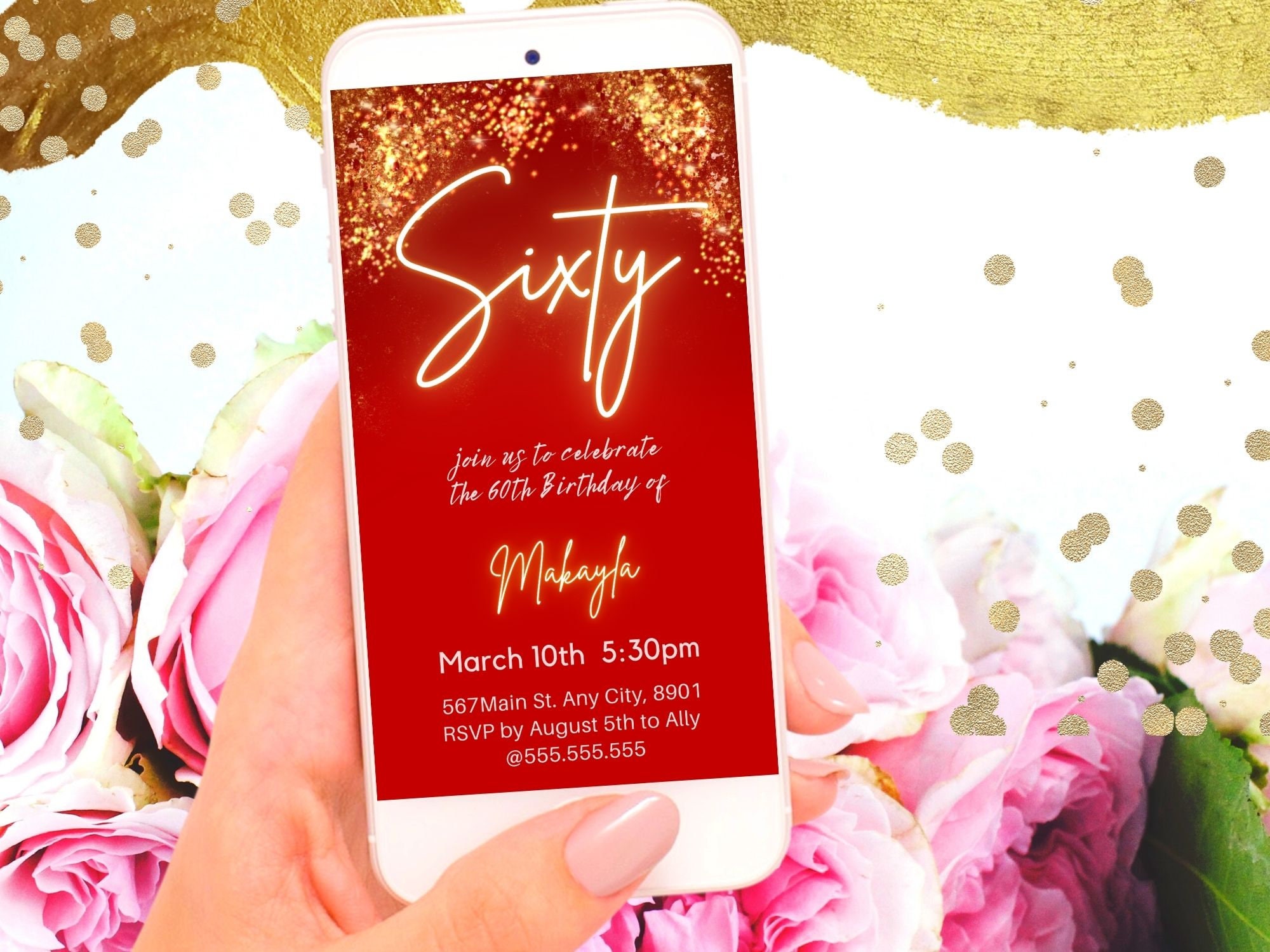 60th Birthday Invitation Red and Gold Glitter Forty Birthday - Etsy