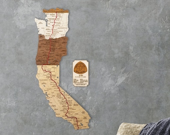 Pacific Crest Trail wooden map (PCT) + commemorative plaque – unique wall deco art for your home, office