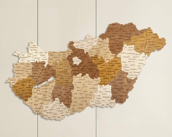 Ungarn-Holzkarte – gravierte Städte, Straßen, Grenzen – große mehrfarbige 3D-Wanddekorationskunst für Ihr Zimmer, Flur, Büro