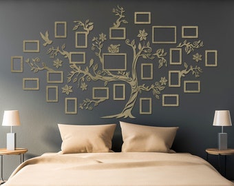 Arbre généalogique en bois gris avec 23 cadres (210 x 160 cm/83 x 63 po.), grand sticker décoratif pour décoration murale cadres photo et branches réorganisables