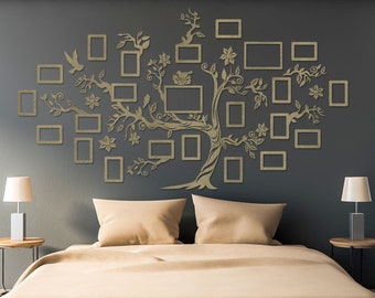 Grey wooden family Tree with 23 picture frames (83x63in / 210x160cm) large wall decoration art decal rearrangeable photo frames & branches