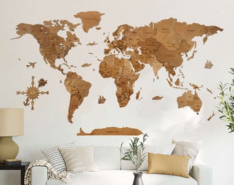 Wooden World map wall decor WALNUT - 5th wedding anniversary gift, geographical very detailed map, multilater 3D wall decoration