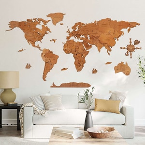 TEAK wood World map wall art - wedding anniversary gift, 3D Multilayer hand-made map, decoration, very detailed & great gift for adventurers