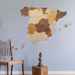 Holz karte von Spanien – gravierte Städte, Straßen, Bordüren - große mehrfarbige 3D Wand Dekoration Kunst für Ihr Zimmer, Flur, Büro Spanische Geografie