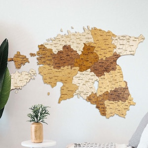 Houten kaart van Estland – gegraveerde steden, wegen, grenzen – grote veelkleurige 3D wanddecoratie kunst voor uw kamer, hal, kantoor