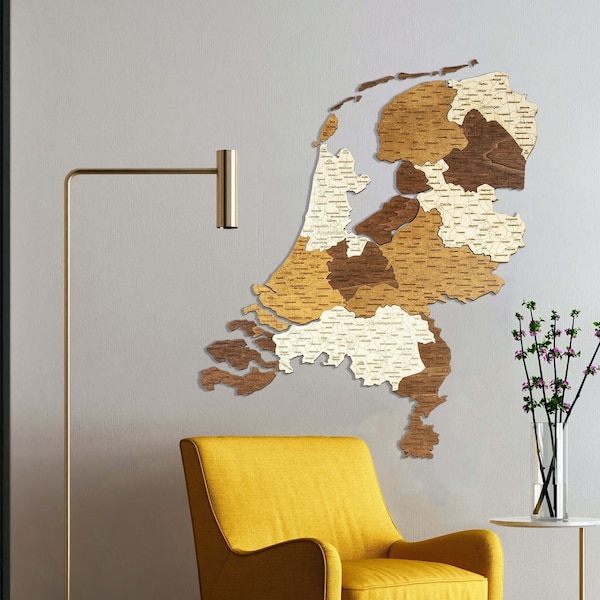 Wooden Map of Netherlands – engraved cities, roads, borders - large multicolor 3D wall decoration art for your room, hall, office DUTCH