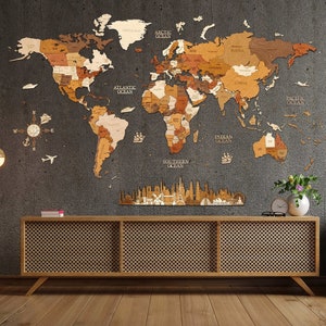 Wooden World map 3D wall decoration - no duty/tax, 3D multilayer multicolor, very detailed, 4-layers, perfect gift for travelers,anniversary