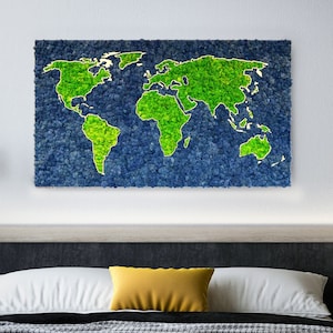 Lichen World Map-encadré unique et belle carte 3D préservée mousse-naturel décoration murale art, salon, étude, couloir, bureau, mur végétalisé