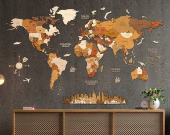 Wooden World Map Wall Decoration - no duty/tax! 3D Multilayer Multicolor - Very Detailed Map - Perfect Gift for any Traveler