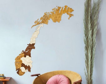Holzkarte Norwegens – gravierte Städte, Straßen, Bordüren - große mehrfarbige 3D Wanddekoration Kunst für Ihr Zimmer, Flur, Büro
