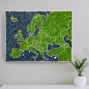 Moss 3D Map of Europe - carte vraiment unique et belle de lichen stabilisé - art de la décoration murale naturelle
